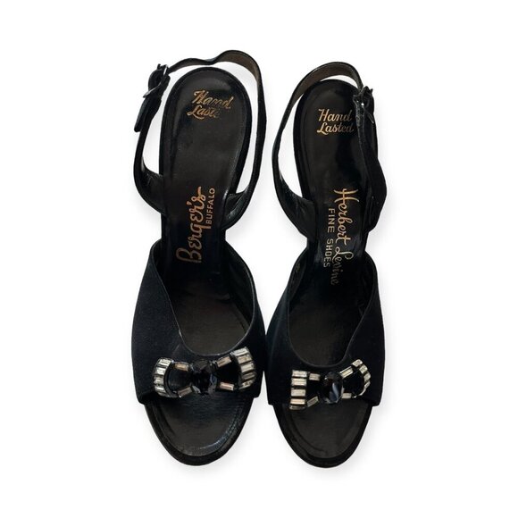 Vintage Herbert Levine Black Suede Rhinestone Bow Slingback Heels 1940-50s Sz 6M - Picture 2 of 16